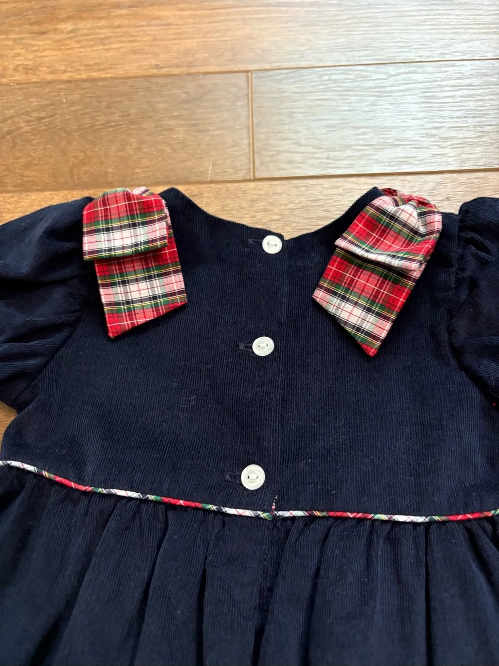 The Beaufort Bonnet Company Navy Blue Corduroy One-Piece with Red Plaid Trim